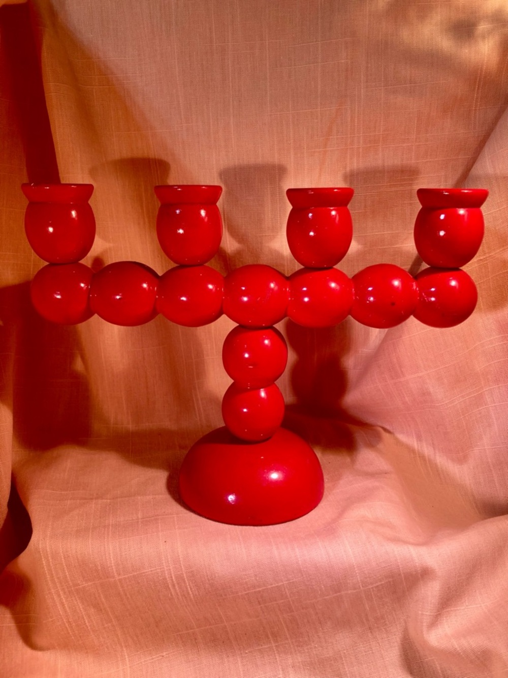 MCM red Swedish folk art candelabra